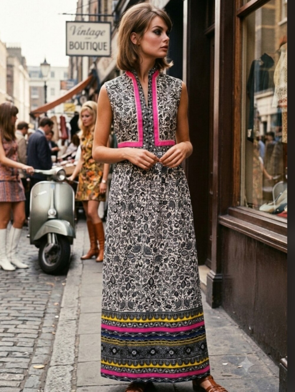Vintage Sleeveless Black & White Floral Print Maxi Dress with Pink Trim